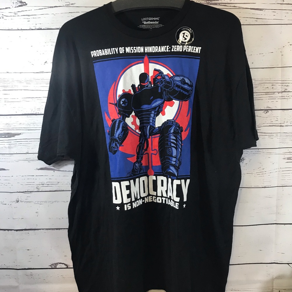 Fallout Bethesda LOOT GAMING T-Shirt Democracy Robot Liberty Prime Size 3 XL